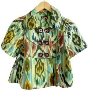 Taikonhu Women Short Sleeve Patterned Waist Jacket Blazer Sz 6 Pockets Buttoned